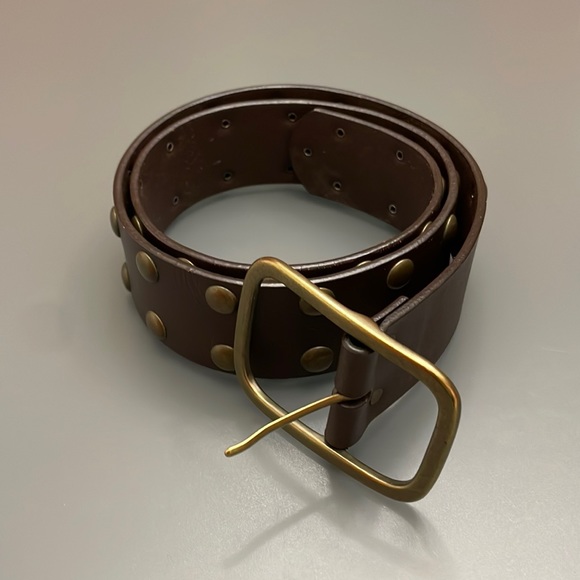 Jimmy’Z Wide Brown Leather Vintage Belt Size 32-34 Brass Studs & Brass Buckle - Picture 1 of 13